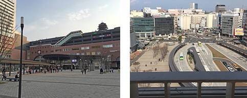 (1) 府内中央口(トキハデパート方面)を出て、左側の大きな歩道(大友宗麟公の像がある方です)を進みます。
