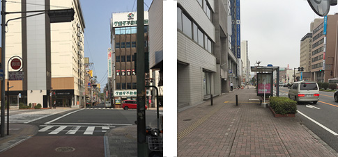 (3) アーケード街の出口から少し直進すると、交差点のある大きな通り(国道197号線・昭和通り)に出ます。左側に進んで3つ目のビルです(ビルの目の前にバス停があります)。